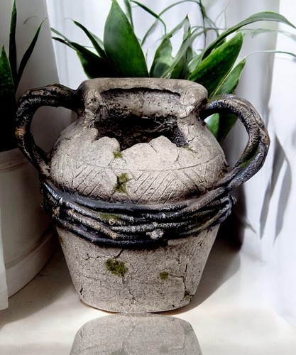Rustic Enchanted Urn Pot with Handles 32cm Antique Style Cement Vase for Indoor - Picture 5 of 15