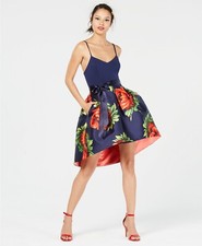 New $100 Teezeme Juniors Blue Red Floral High-Low Fit & Flare Dress Size 13/14