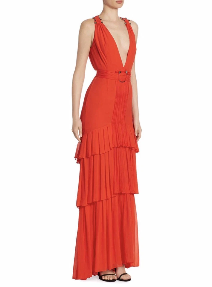 Vestido Roberto Cavalli de seda Georgette cuello en V profundo en capas talla 42IT/6 precio de venta sugerido por el fabricante 4800 USD Foto 3 de 4