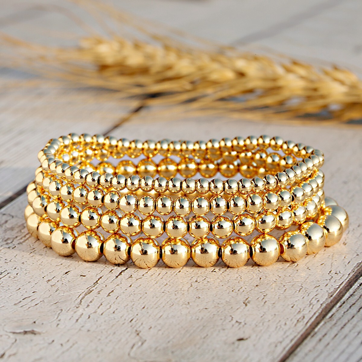 Fashion Women Men 4mm 18k Gold Filled Bead Elastic Bracelet Beaded Bracelets