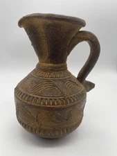 Rustic Handmade Clay Studio Pottery Handled Pitcher Tribal  7.5" Tall Mexico