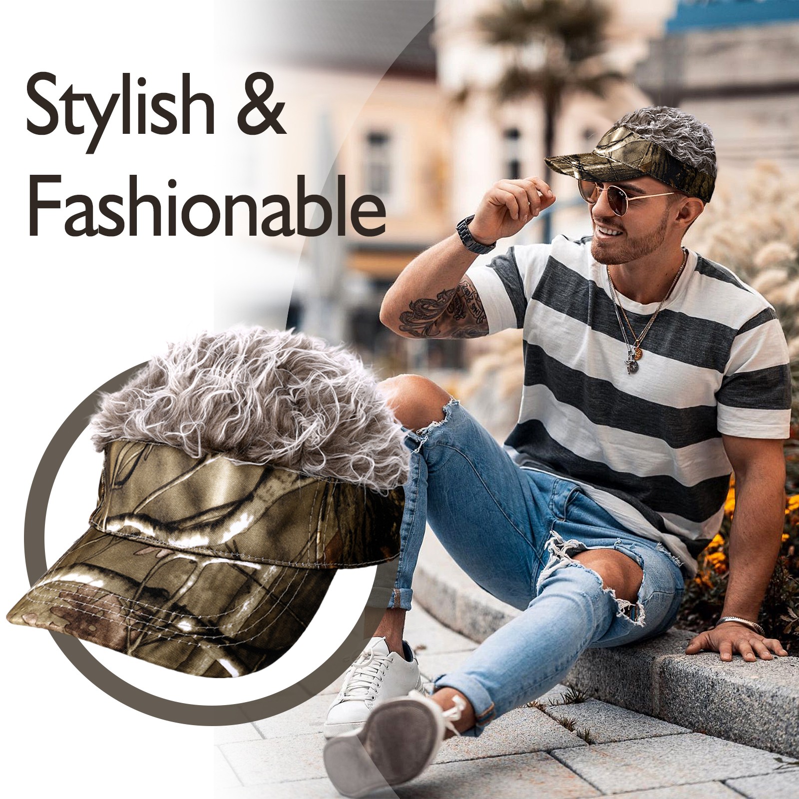 Mens Camouflage Baseball Golf Hat Cap Sun Visor Wig Hat With Fake Flair Hair