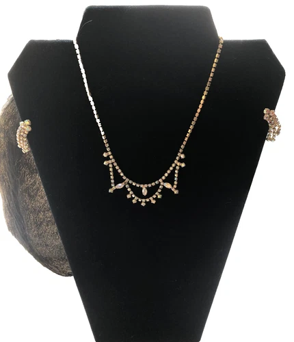 Vintage Rhinestone Necklace & Clip On Earrings Iridescent Colors Costume Jewelry