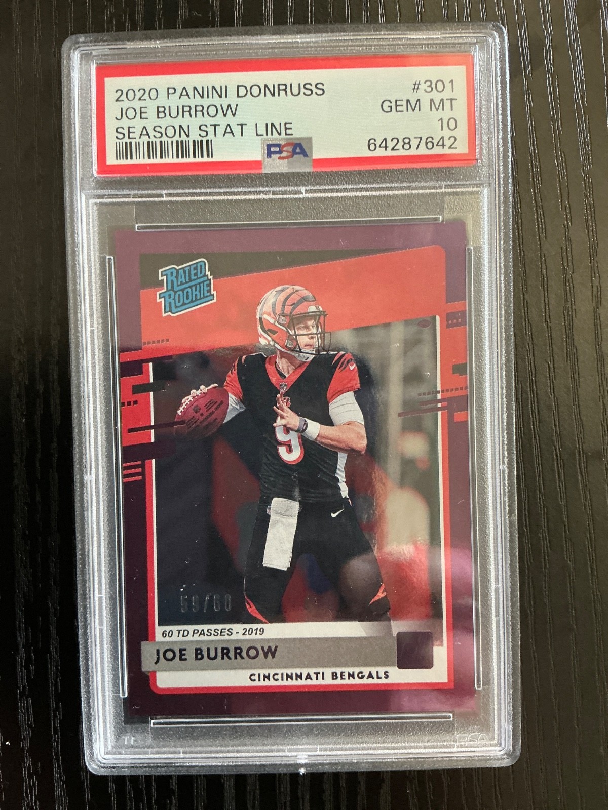 2020 Panini Donruss #301 JOE BURROW Season Stat Line /60 PSA10 view 3