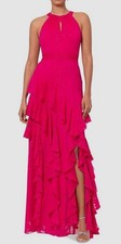 XSCAPE Women's Pink Tiered Ruffled Sleeveless Chiffon Dress Size 10