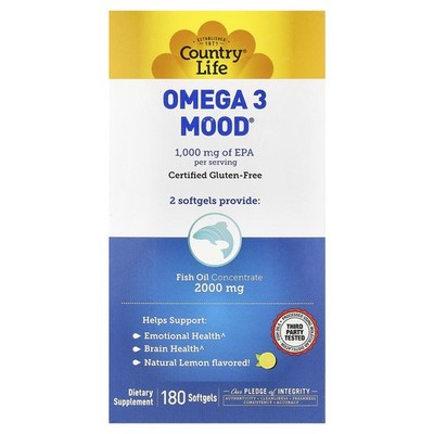 Country Life Omega 3 Mood Natural Lemon Flavored 180 Softgels Gluten-Free, GMP