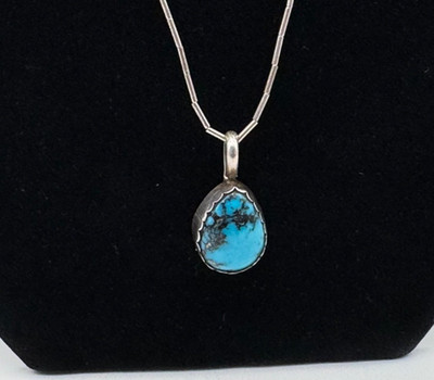 Navajo Necklace Teardrop Pendant 925 Silver Turquoise Artist Signed- CB Sterling