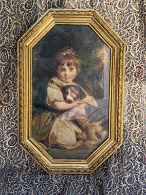 Vintage Florentine Picture Gold Frame Little Girl with Dog Print Italy 14x9