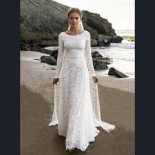 Lace Beach Boho Elegant Wedding Dresses A-Line Long Sleeve Backless Bridal Gowns