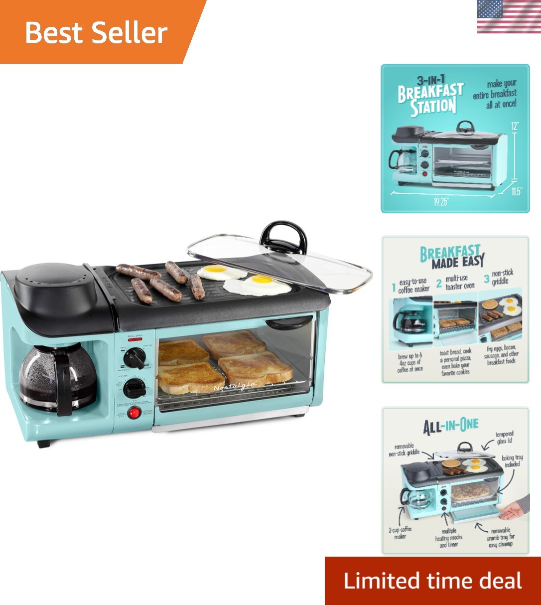 Compact Aqua Breakfast Station: Coffee Maker, Griddle & Toaster Oven Included