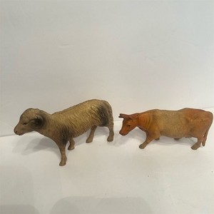 Vintage Nativity Sheep and Cow Figurines Set Rustic Farm Animal Christmas Decor