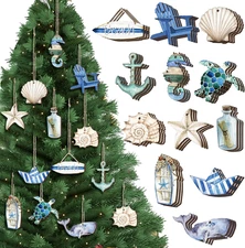 36 Pcs Ocean Beach Wooden Ornaments Summer Tree Decorations Coastal Nautical ...