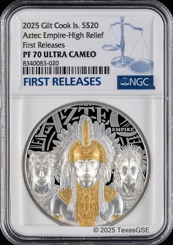 2025 Cook Islands $20 3oz Gilded Silver Legends - Aztec Empire NGC PF70 FR