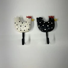 Wood Hook Wall Décor Spotted Chicken Kitchen Rooster Set Of 2 Country Farm House