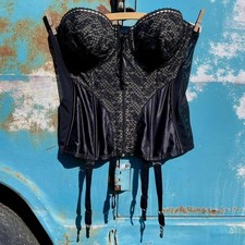 80s Lady Marlene black lace satin corset w/ allover boning, underwire cups