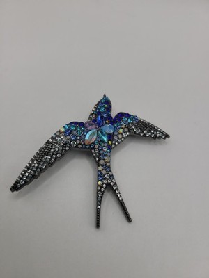 Vintage Swallow Bird Brooch Blue Rhinestone Crystal Silver Tone Flying Bird Pin