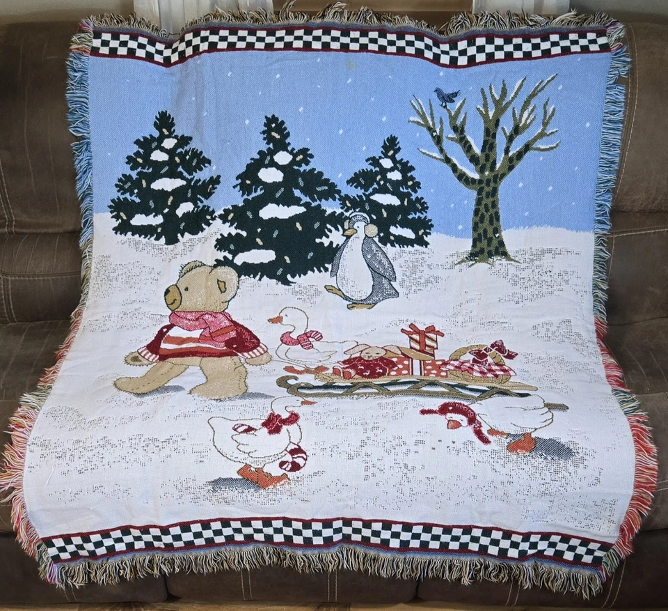 VTG Tapestry Throw Blanket Cabin Fireplace Teddy Bear & Friend w/Sleigh, Fringe - Image 3 of 4