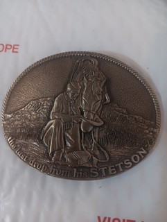 NOS Solid Brass Belt Buckle “The Last Drop from his Stetson” Award Design Medals