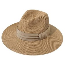 Women Wide Brim Straw Panama Roll up Hat Fedora Beach One Size-Medium Brown