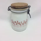 Vintage Milk Glass Jar With Wooden Lid & Red Floral Design 3/4L Capacity Seals
