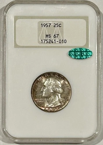 1957 Washington Quarter NGC MS67 CAC OH Gen 4.0 Attractive Rim Toning