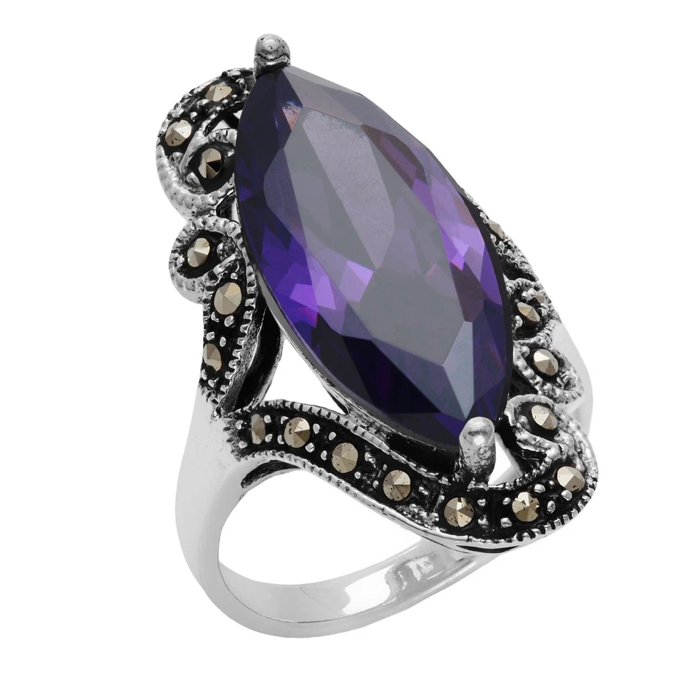Silverly Anello Argento 925 Solitario Zircone Viola Ovale Marcasite - Immagine 2 di 4
