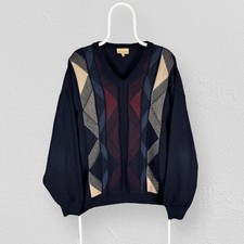 Vintage Roberto Carlo Patterned Knit Jumper V Neck Wool Blend Mens XXL