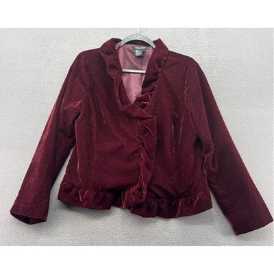 Audrey Celine Blazer Womens L Burgundy Velvet Ruffle Jacket Wine Red Holiday VTG