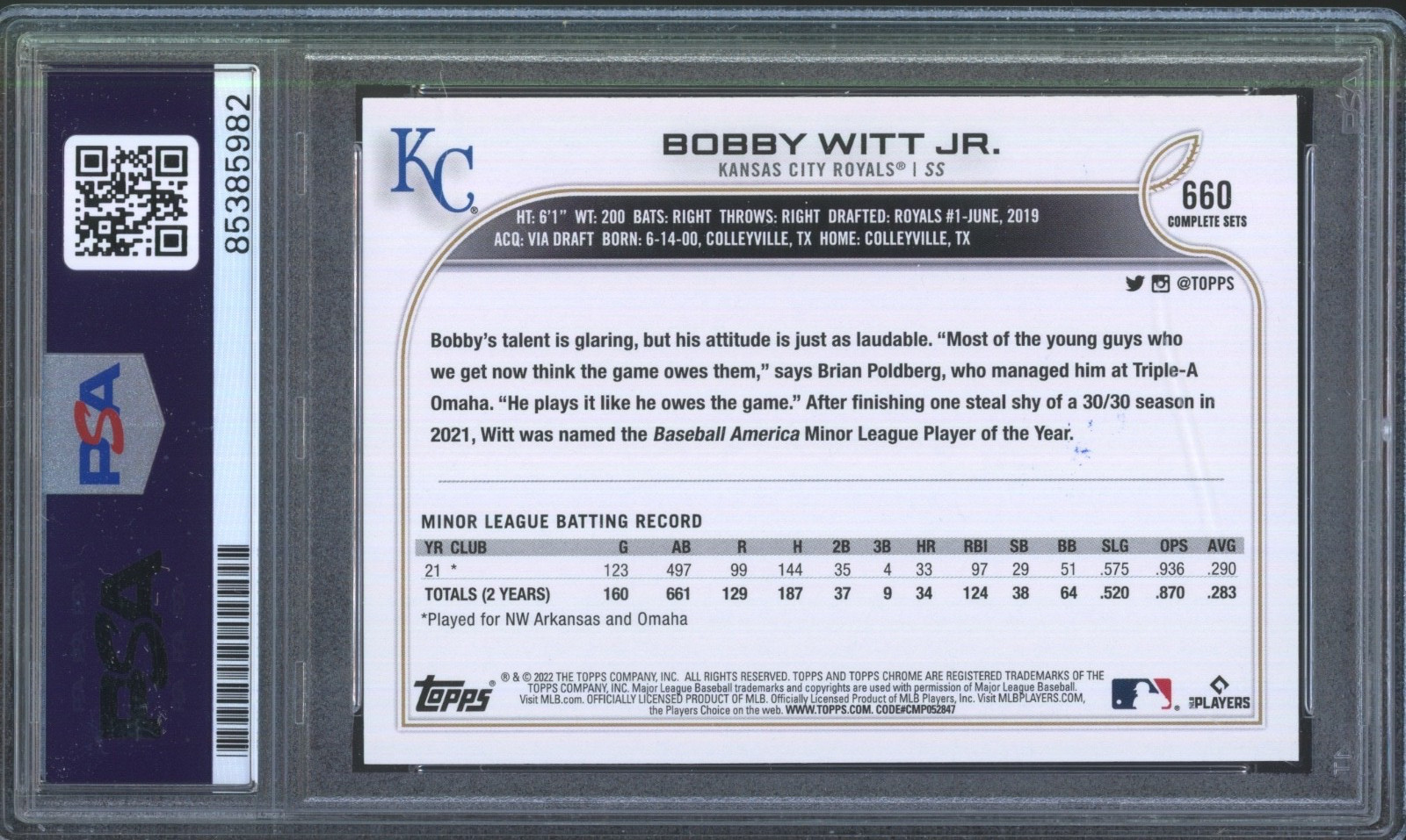 2022 Topps #660 Bobby Witt Jr. Autograph RC Rookie Gem Mint PSA DNA 10 Auto view 2