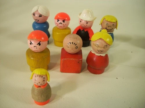Vintage Fisher Price Little People Wooden Figures Boy Girl Lady 8 lot