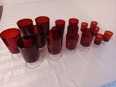 LUMINARC ARCOROC FRANCE 1970S RUBY RED PEDESTAL WINE DRINKING GLASSES 18 PC. SET