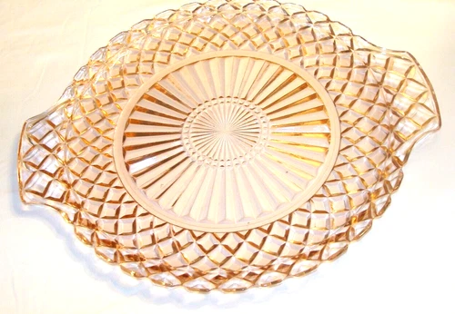 Anchor Hocking WATERFORD WAFFLE Depression PINK Glass 2 Handled CAKE PLATE Tray
