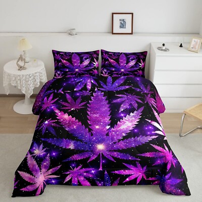 Marijuana Weed Purple Black Comforter Set Queen Size Hippie Marijuana Leaf Be...