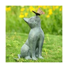 SPI Home Cat and Butterfly Curiosity Garden Statue Green 7.5" x 10.5" x 15"