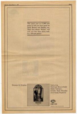 Brewer Shipley Mike Bloomfield Nicky Hopkins LP advert 1971
