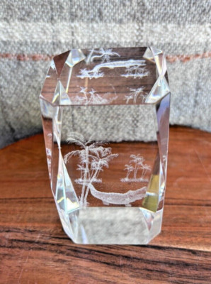 Laser Etched 3D Crystal Paperweight Palm Trees, Alligator, Sandy Beach & Sun