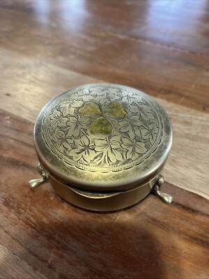Vintage Footed Brass Trinket Box With Leaves And Jade Hearts