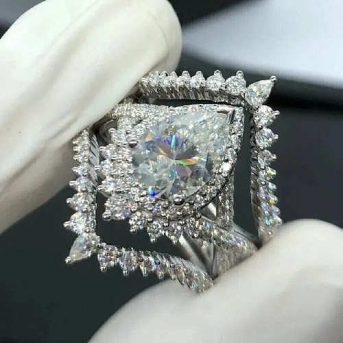 Bague trio de fiançailles mariage moissanite coupe poire 3,00 ct argent sterling 925