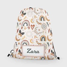 Image of Personalised Girls Boho Rainbow Kids Drawstring Bag PE Swimming School Bag