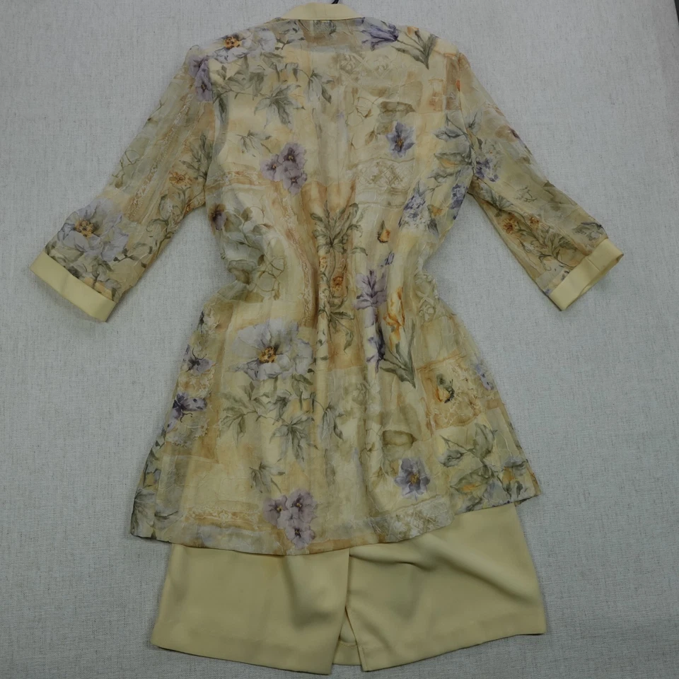 R&M Richards Dress P10 Yellow Sheath Floral Overlay Boho Shoulder Pads Necklace - Image 2 of 4