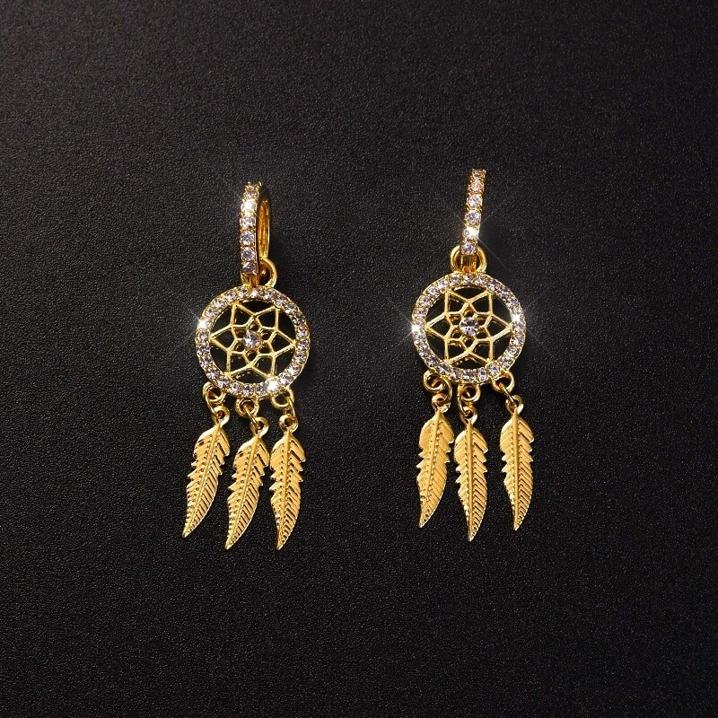 Women's Fashion Jewelry Gold Feather Dream Catcher Boho Drop Earrings 1-172 - Image 2 of 4
