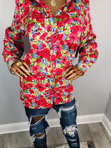 Jones NY Signature 1X Plus Top Floral Prints Button Up Shirt Collar Pockets - Picture 3 of 11