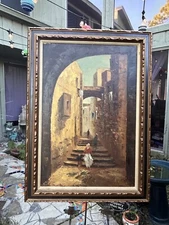 Mediterranean Village Oil on Canvas Painting, Signed L. Hoag, Framed 43" x 31"