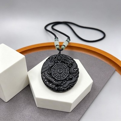 Jade Obsidian Dragon Charm Pendant Necklace Beads Cord Handmade Yin-Yang diagram