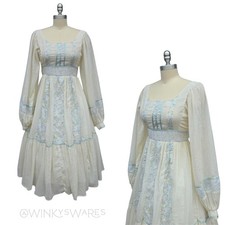 Gunne Sax Vintage 70s Ivory Midi Dress Size S 9 Floral Ribbon Gauze Pastels