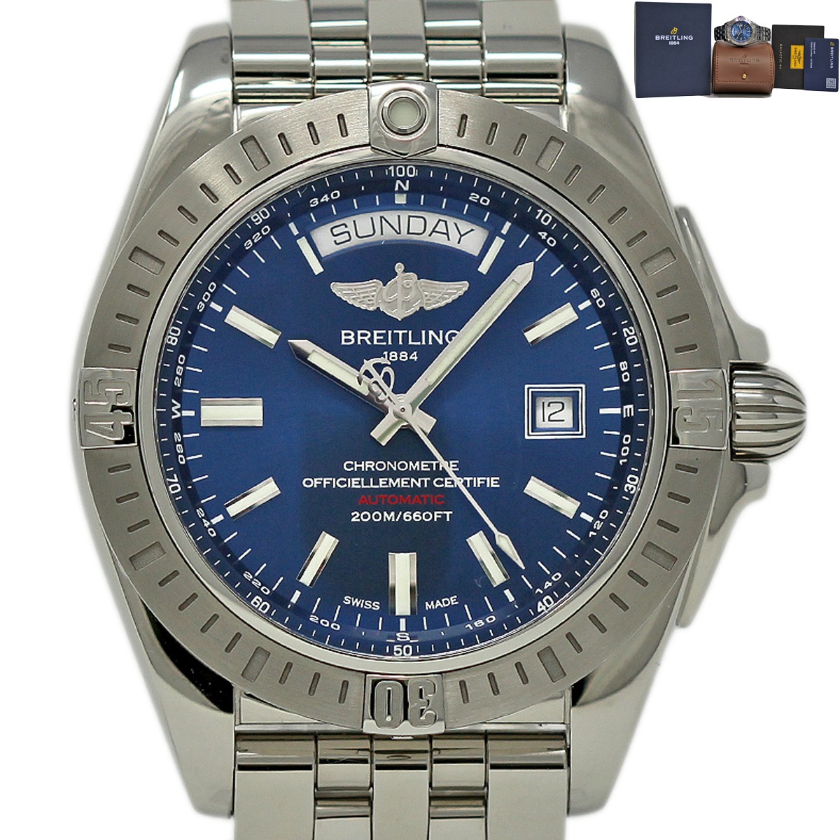 Breitling Galactic Day Date A45320 Blue Discontinued with Box Papers Warranty BR66
