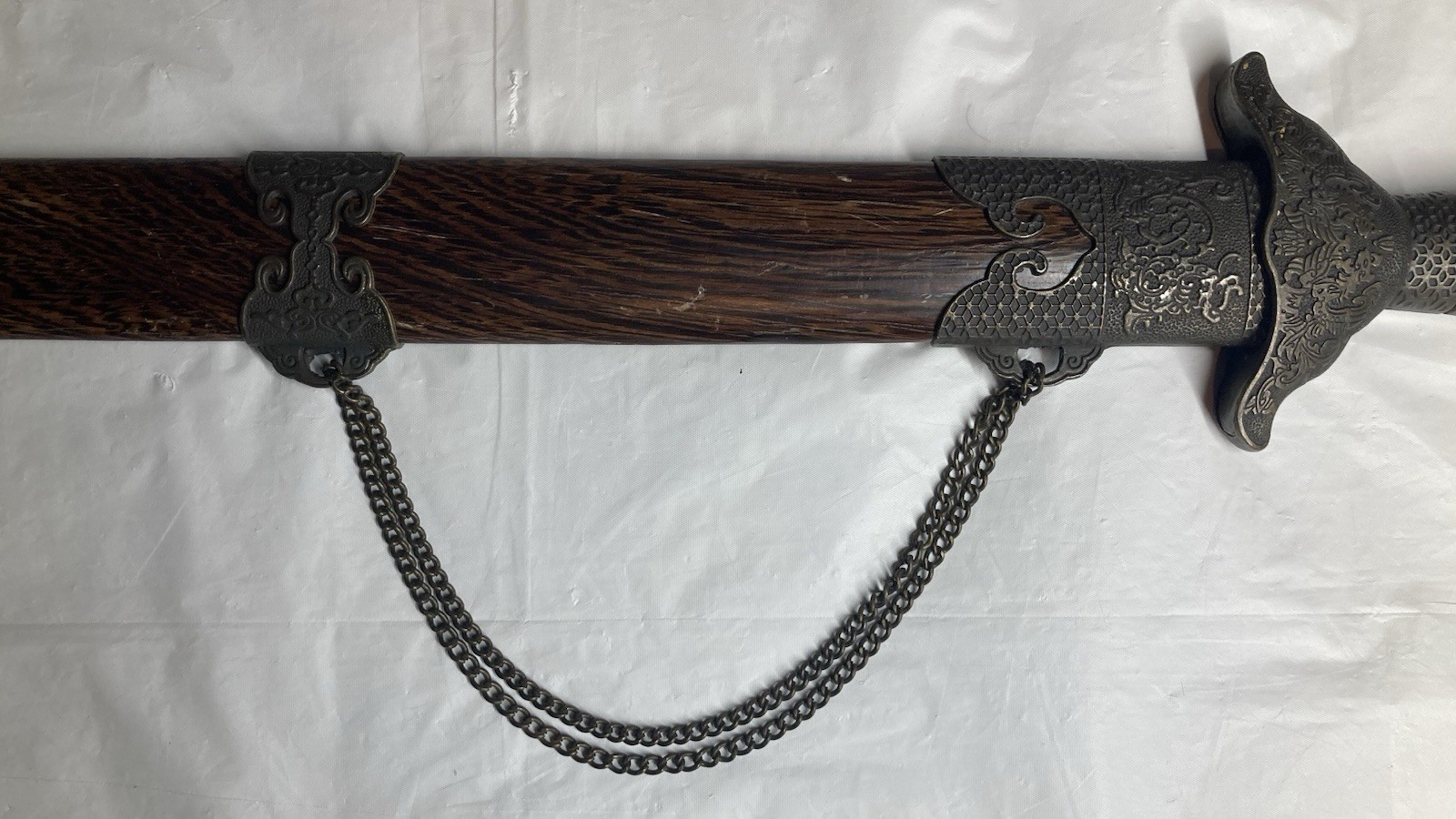 Chinese Jian Replica Sword With Wooden Scabbard Engraved Brass Accents 38” Long