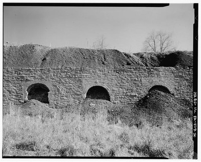 20. VIEW OF A ROW OF THREE INTACT BEEHIVE COKE OVENS. - Tower Hill No. 2 Mine,