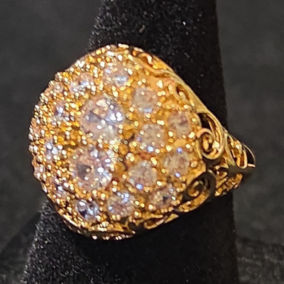 Gold Tone Round Pavé White Crystal Cluster Cocktail Ring, Size 6