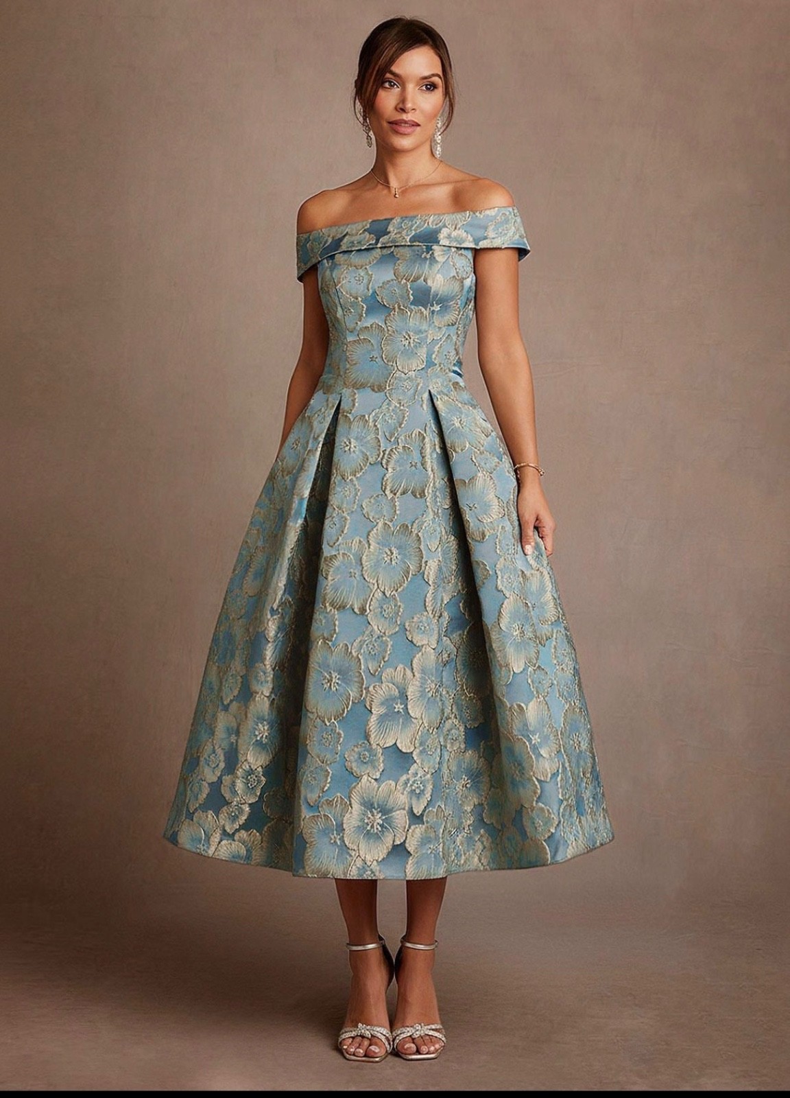Azazie Centralia Lake Blue Jacquard Dress NWT Size 10 Off Shoulder Floral